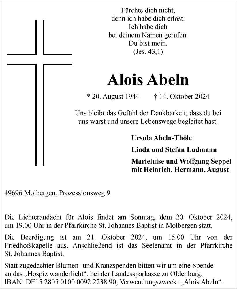  Traueranzeige für Alois Abeln vom 17.10.2024 aus OM-Medien