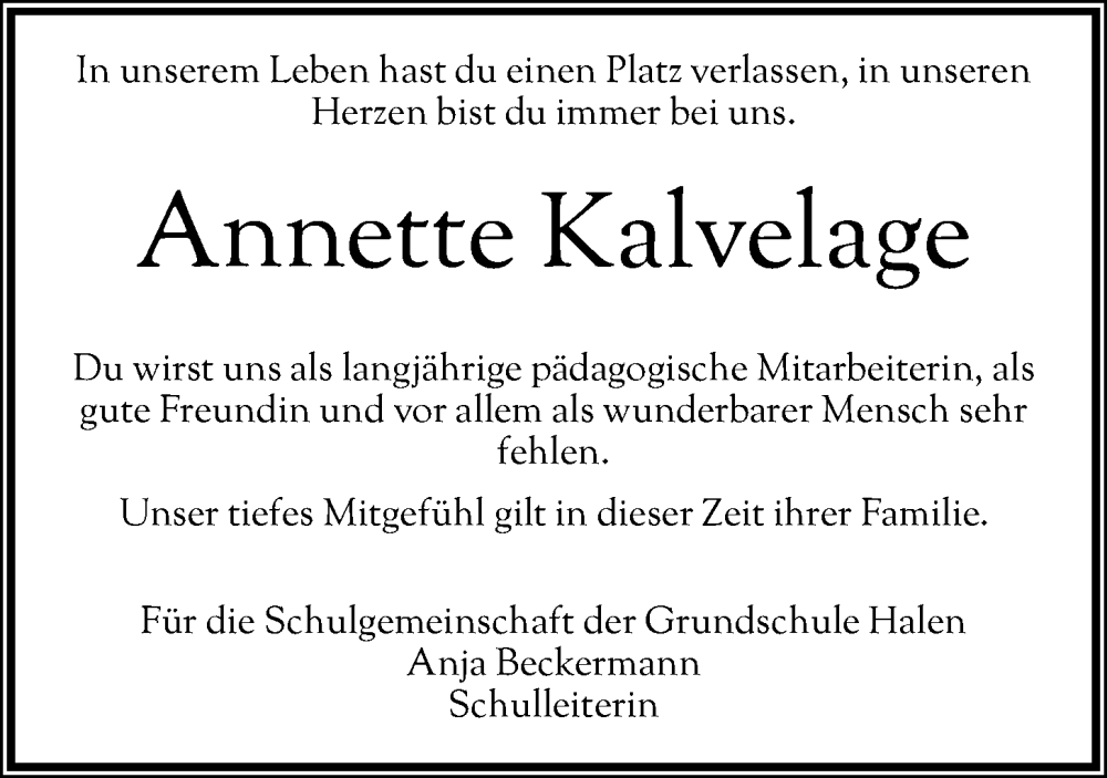  Traueranzeige für Annette Kalvelage vom 16.10.2024 aus OM-Medien