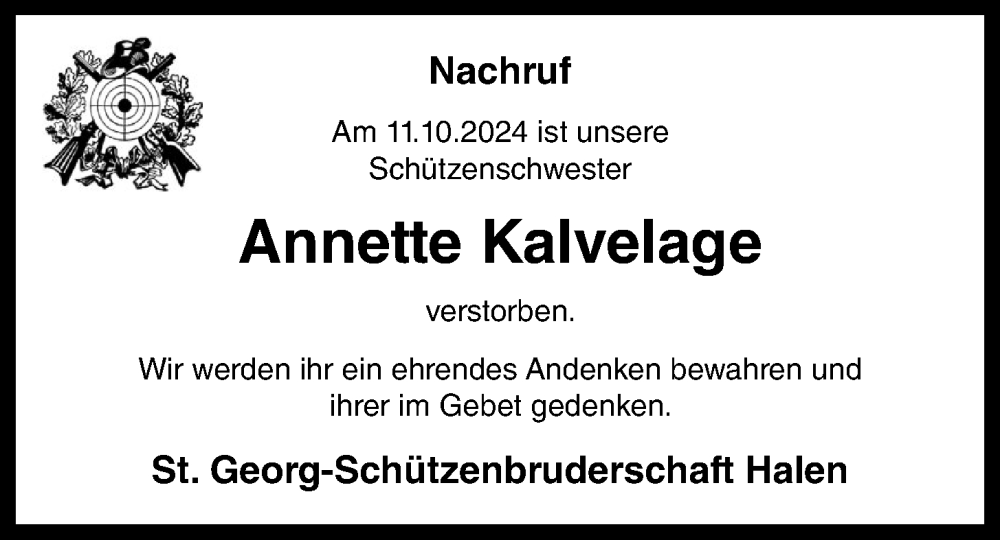  Traueranzeige für Annette Kalvelage vom 17.10.2024 aus OM-Medien