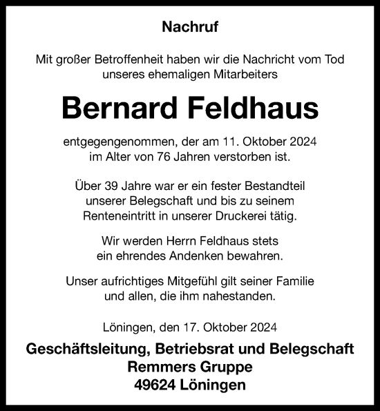 Anzeige von Bernard Feldhaus von OM-Medien