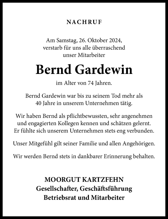 Anzeige von Bernd Gardewin von OM-Medien