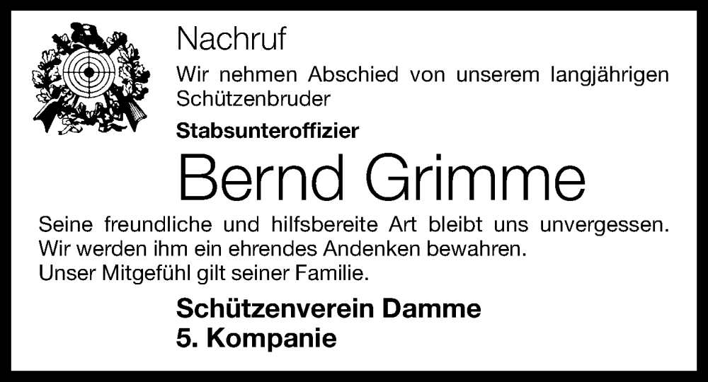  Traueranzeige für Bernd Grimme vom 23.10.2024 aus OM-Medien