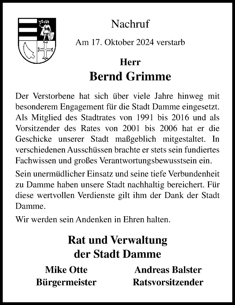  Traueranzeige für Bernd Grimme vom 23.10.2024 aus OM-Medien