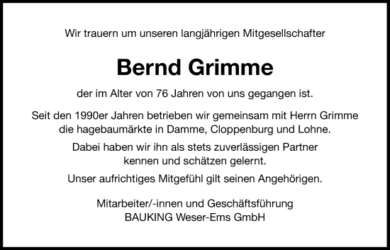 Anzeige von Bernd Grimme von OM-Medien