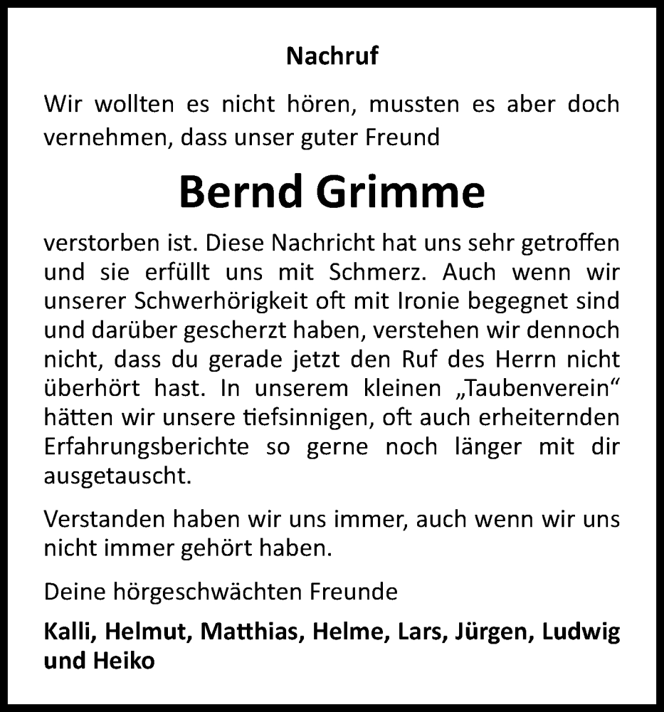  Traueranzeige für Bernd Grimme vom 23.10.2024 aus OM-Medien