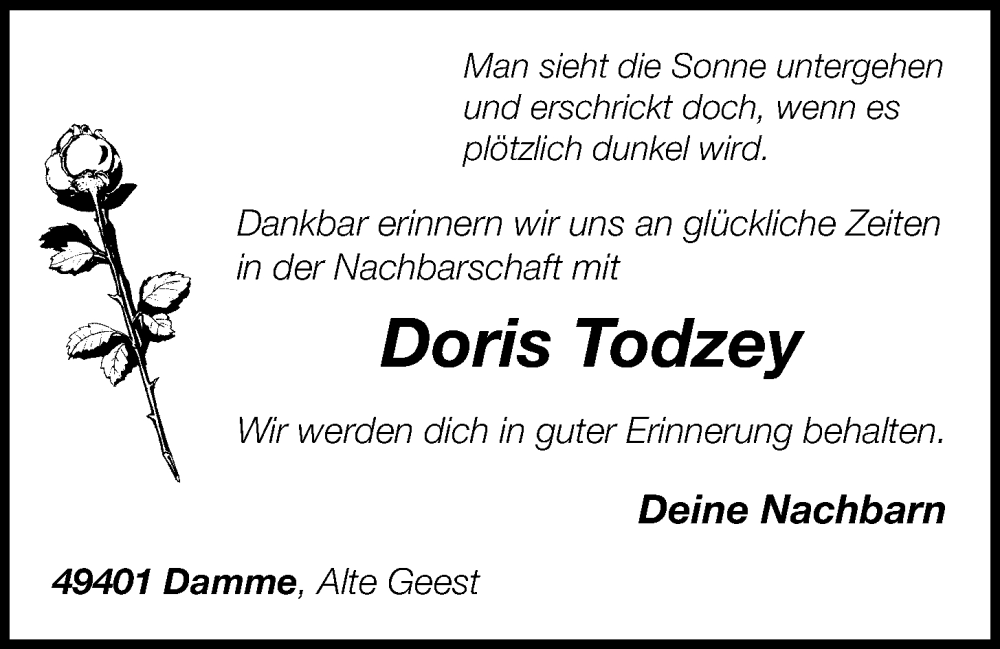  Traueranzeige für Doris Todzey vom 26.10.2024 aus OM-Medien