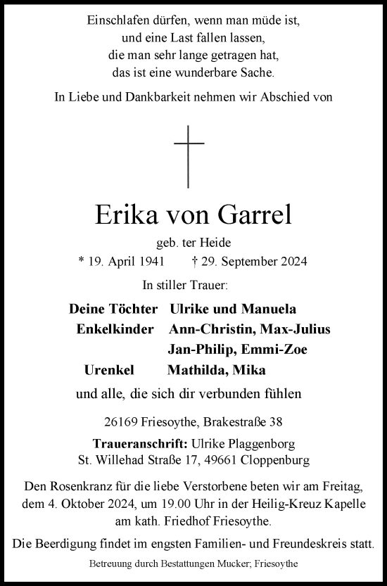 Anzeige von Erika von Garrel von OM-Medien