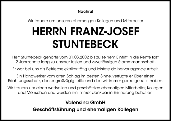 Anzeige von Franz-Josef Stuntebeck von OM-Medien