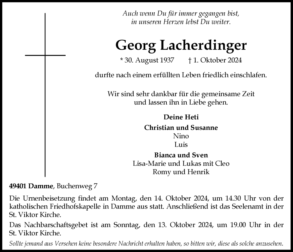  Traueranzeige für Georg Lacherdinger vom 05.10.2024 aus OM-Medien