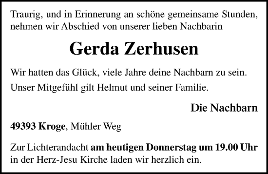 Anzeige von Gerda Zerhusen von OM-Medien