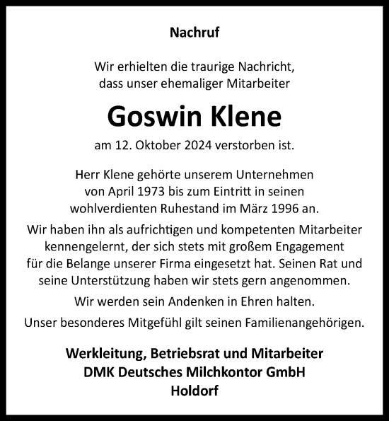 Anzeige von Goswin Klene von OM-Medien