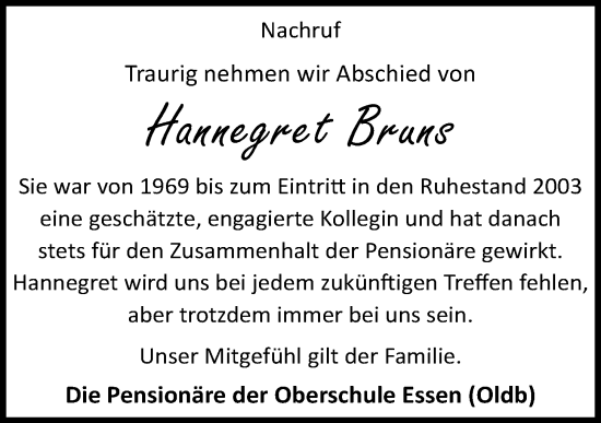 Anzeige von Hannegret Bruns von OM-Medien