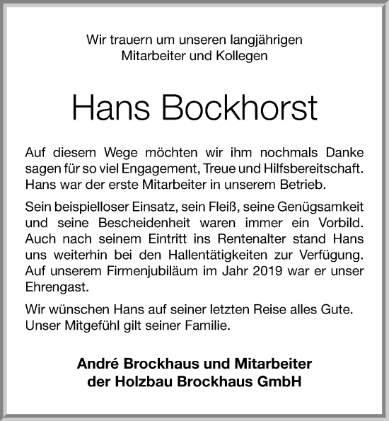 Anzeige von Hans Bockhorst von OM-Medien