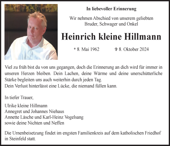 Anzeige von Heinrich kleine Hillmann von OM-Medien