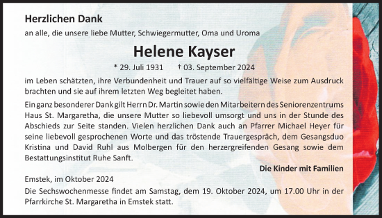 Anzeige von Helene Kayser von OM-Medien