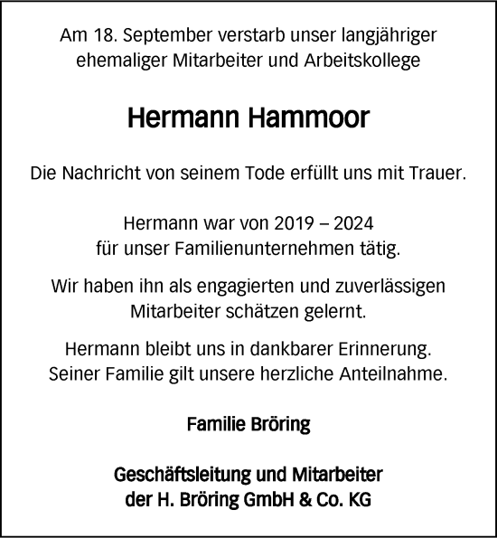 Anzeige von Hermann Hammoor von OM-Medien