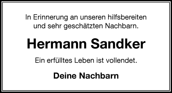 Anzeige von Hermann Sandker von OM-Medien