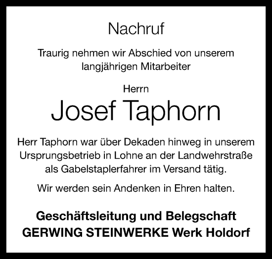 Anzeige von Josef Taphorn von OM-Medien