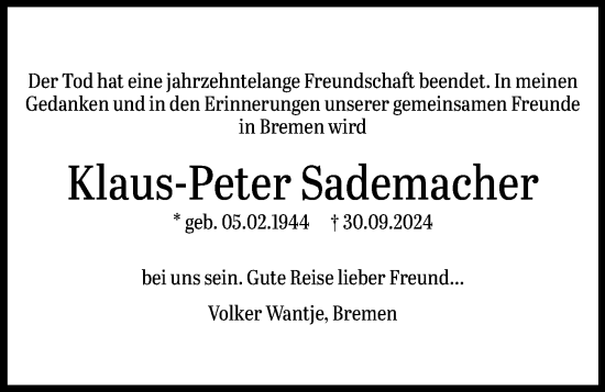 Anzeige von Klaus-Peter Sademacher von OM-Medien