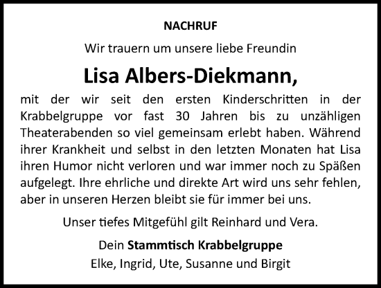 Anzeige von Lisa Albers-Diekmann von OM-Medien