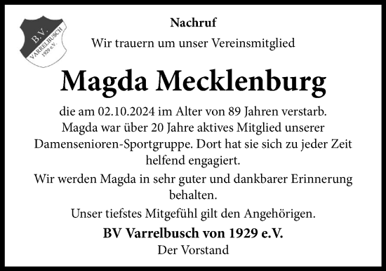 Anzeige von Magda Mecklenburg von OM-Medien