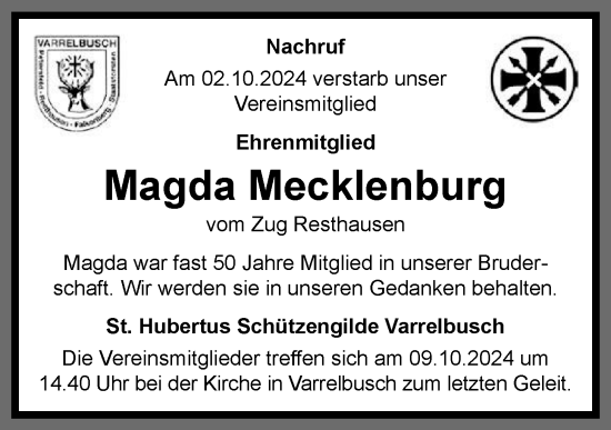 Anzeige von Magda Mecklenburg von OM-Medien