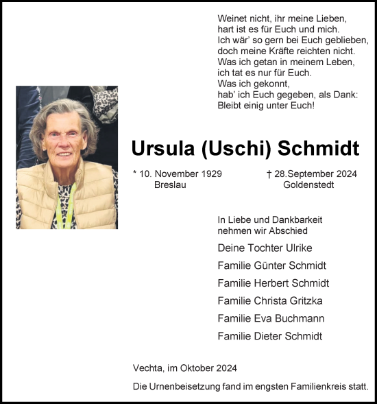 Anzeige von Ursula Schmidt von OM-Medien