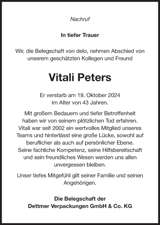 Anzeige von Vitali Peters von OM-Medien