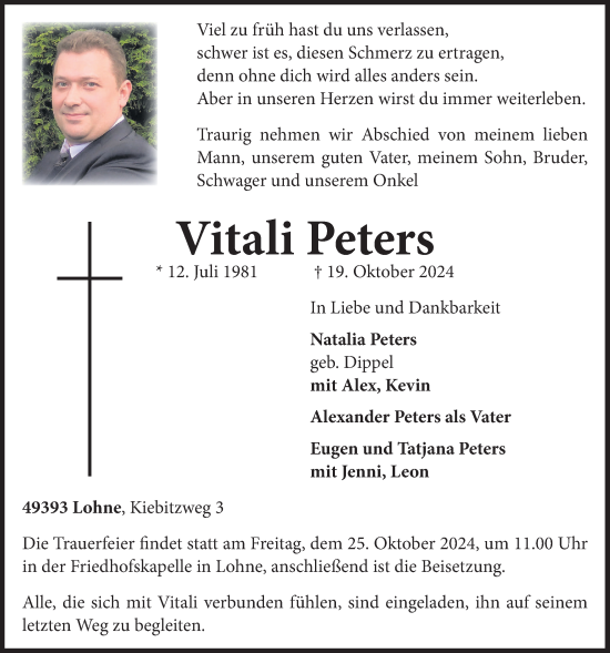 Anzeige von Vitali Peters von OM-Medien