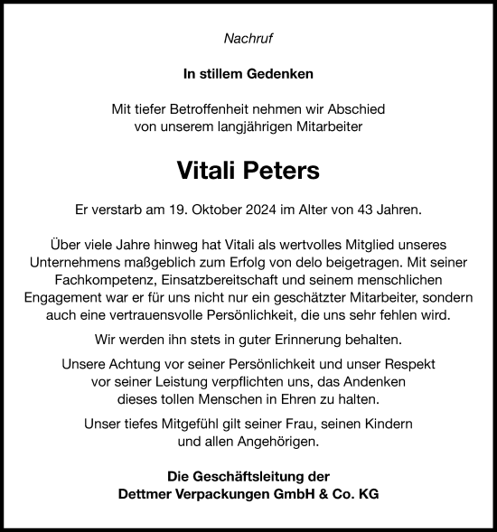 Anzeige von Vitali Peters von OM-Medien