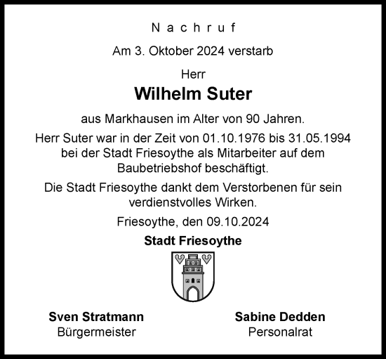 Anzeige von Wilhelm Suter von OM-Medien