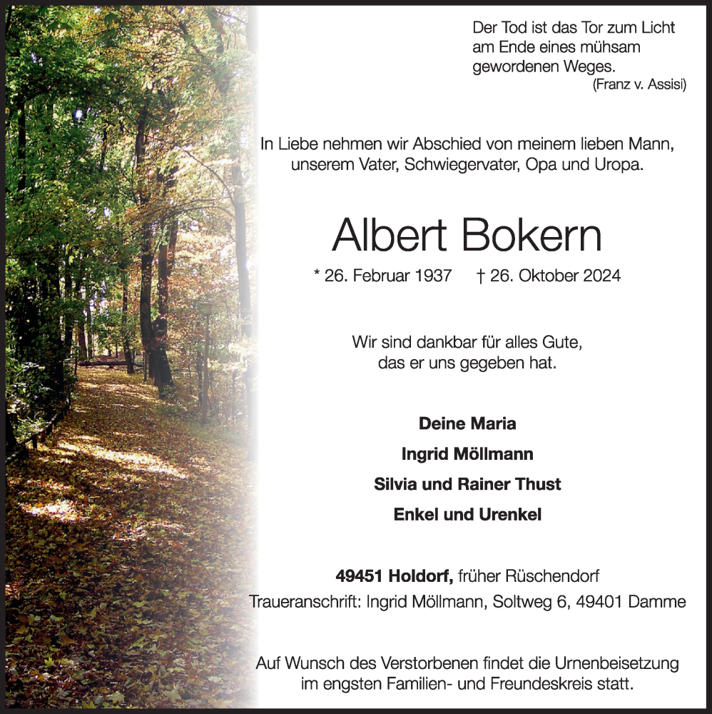  Traueranzeige für Albert Bokern vom 02.11.2024 aus OM-Medien