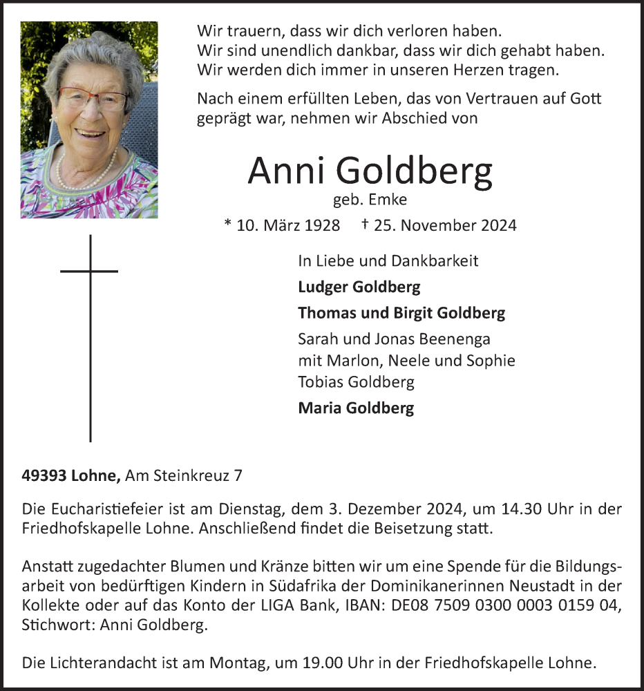  Traueranzeige für Anni Goldberg vom 27.11.2024 aus OM-Medien