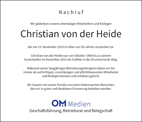 Anzeige von Christian von der Heide von OM-Medien