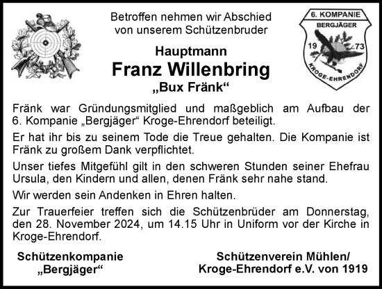 Anzeige von Franz Willenbring von OM-Medien