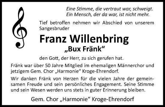 Anzeige von Franz Willenbring von OM-Medien