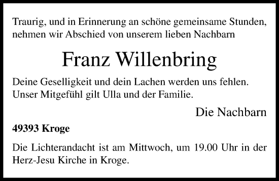 Anzeige von Franz Willenbring von OM-Medien