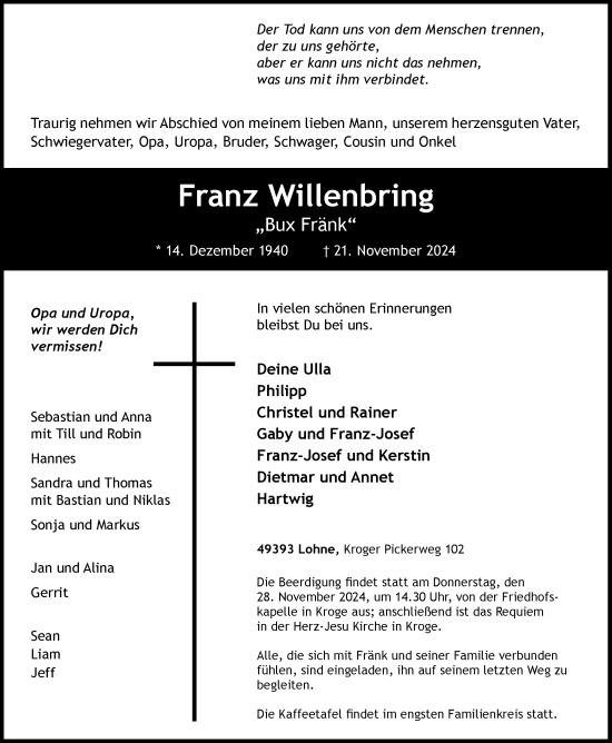 Anzeige von Franz Willenbring von OM-Medien