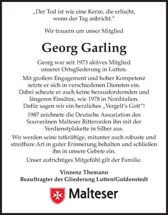 Anzeige von Georg Garling von OM-Medien