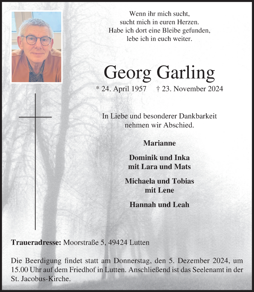  Traueranzeige für Georg Garling vom 26.11.2024 aus OM-Medien