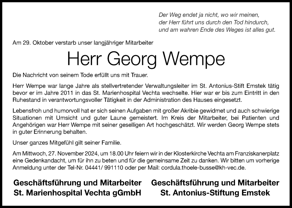  Traueranzeige für Georg Wempe vom 06.11.2024 aus OM-Medien