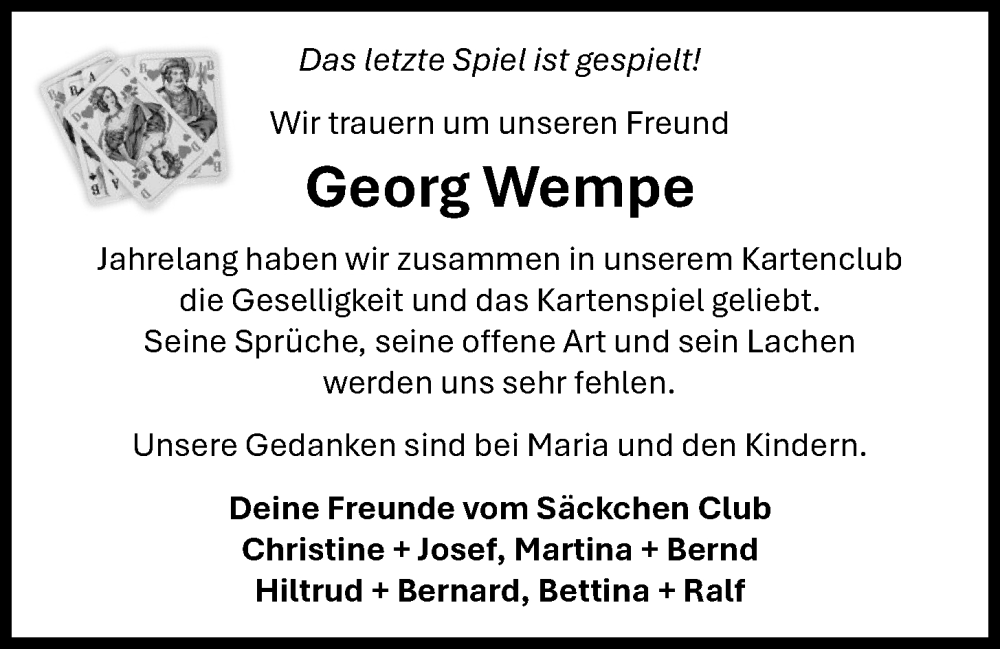  Traueranzeige für Georg Wempe vom 05.11.2024 aus OM-Medien