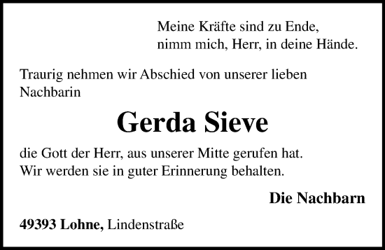 Anzeige von Gerda Sieve von OM-Medien