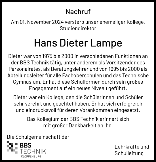 Anzeige von Hans Dieter Lampe von OM-Medien