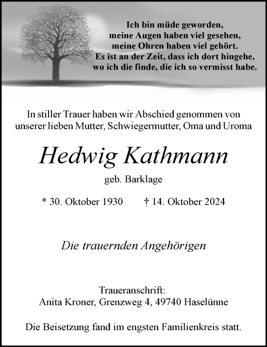 Anzeige von Hedwig Kathmann von OM-Medien