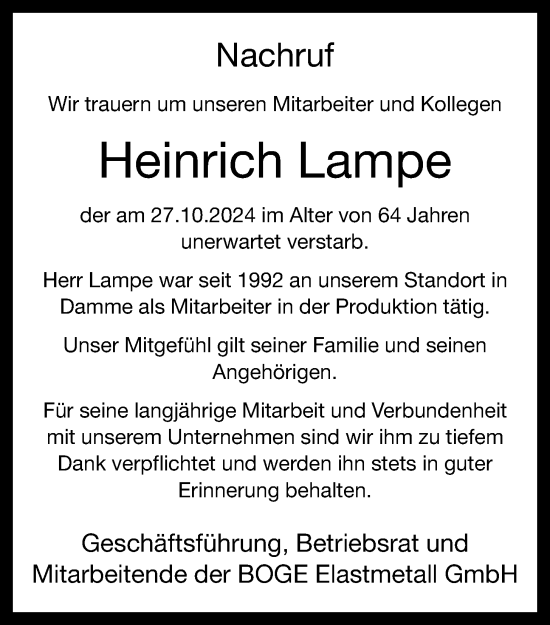 Anzeige von Heinrich Lampe von OM-Medien