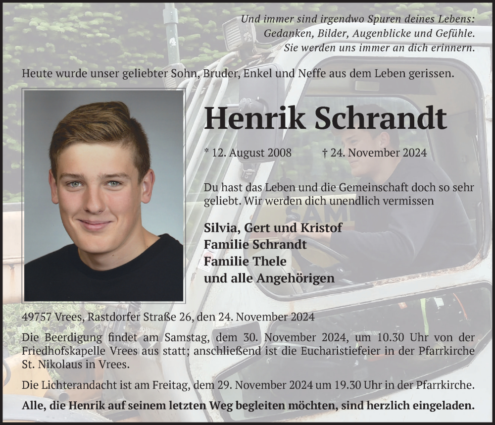  Traueranzeige für Henrik Schrandt vom 27.11.2024 aus OM-Medien