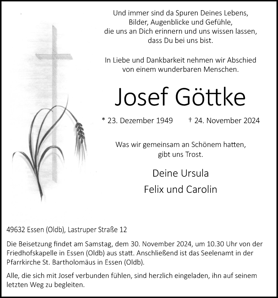  Traueranzeige für Josef Göttke vom 27.11.2024 aus OM-Medien