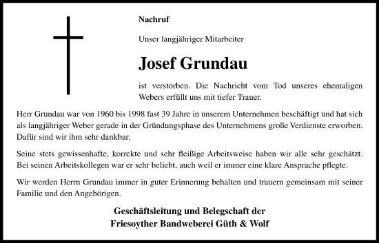 Anzeige von Josef Grundau von OM-Medien