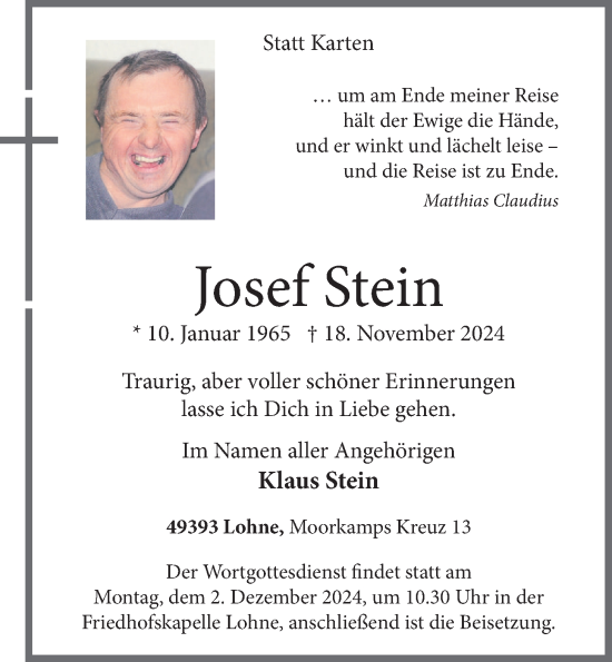 Anzeige von Josef Stein von OM-Medien